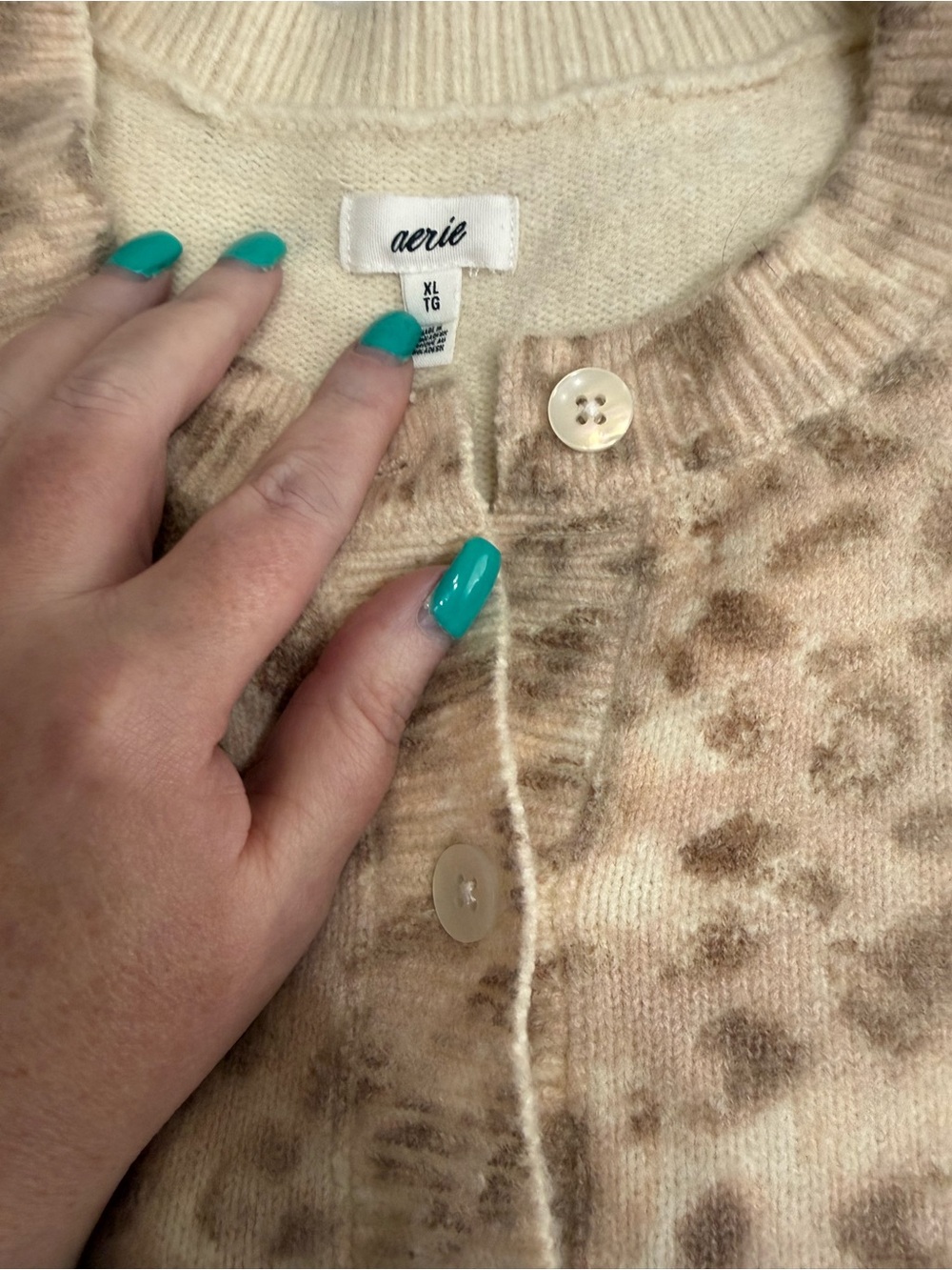 aerie Cream and Light Brown Leopard-Print Button Cardigan - Picture 2 of 2